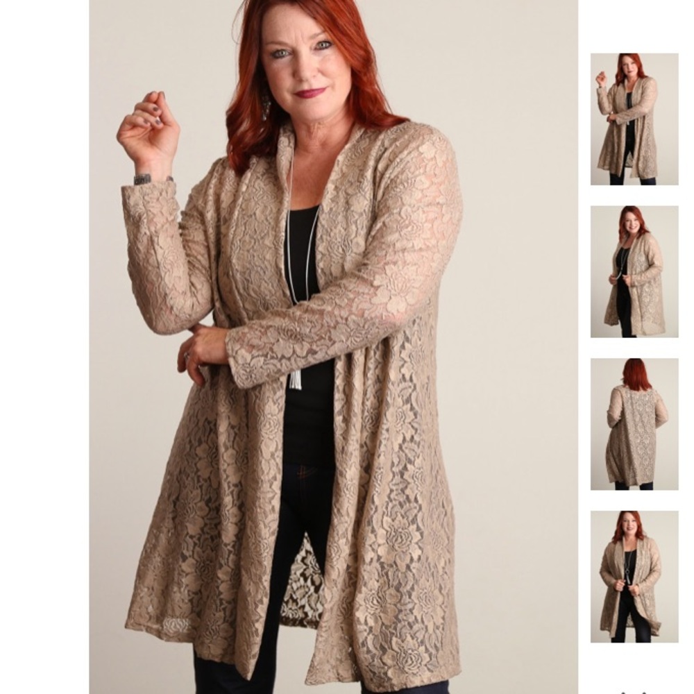 PLUS TAUPE CROCHET CARDIGAN